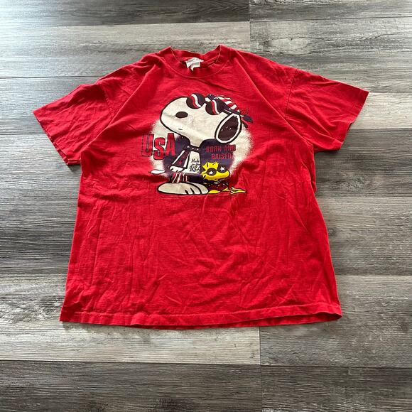 Vintage 90s Snoopy Peanuts Woodstock USA  Patriotic Flag Red Mens XL T-Shirt EUC - Picture 2 of 8
